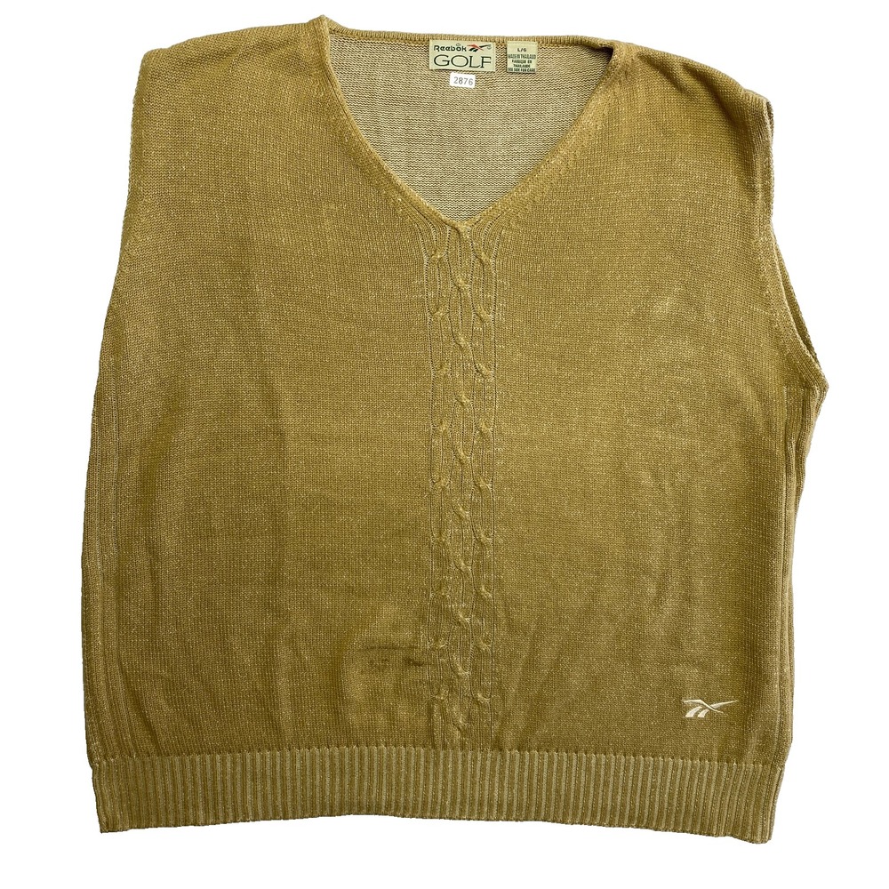 VINTAGE Reebok Sweater Vest Mens Large Tan Sleeveless Knit Pullover 90s Golf
